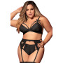 Ensemble 3 pièces noir grande taille  soutien-gorge string porte-jarretelles 