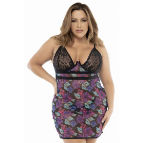 Nuisette résille et dentelle Noire, grande taille, imprimé fleur exotique 