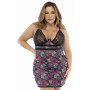 Nuisette résille et dentelle Noire, grande taille, imprimé fleur exotique 