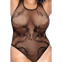 Body noir grande taille en résille motif serpent, orné de strass, ouvert à l’entrejambe - Mapalé