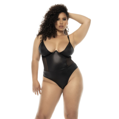 Bodystring Bibi grande taille en wetlook noir avec armatures, bretelles réglables 