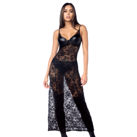 Robe longue sexy en dentelle  cuir avec string et porte-jarretelles 