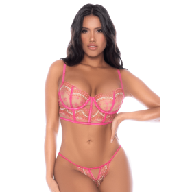 Ensemble 2 pièces résille brodée rose 