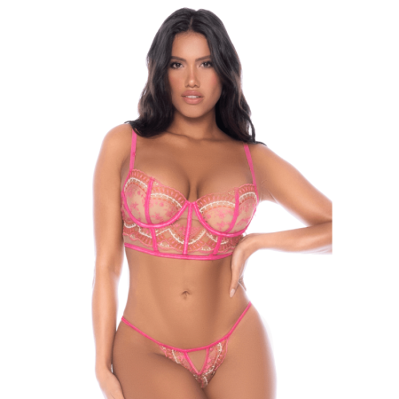 Ensemble 2 pièces résille brodée rose 