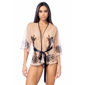 Peignoir sexy en résille imprimée transparente avec string 