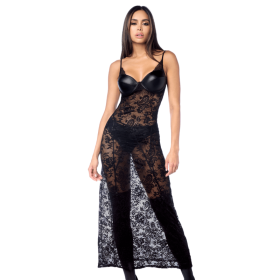Robe longue sexy en dentelle  cuir avec string et porte-jarretelles 