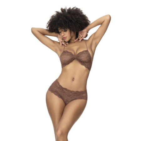 Ensemble 2 pièces, top et tanga en dentelle couleur cacao 