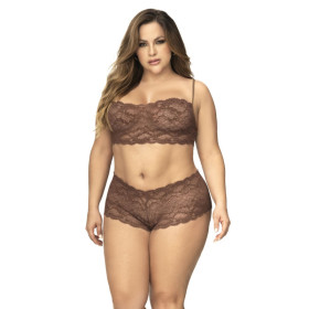 Ensemble 2 pièces en dentelle grande taille, top à bretelles et shorty couleur cacao 
