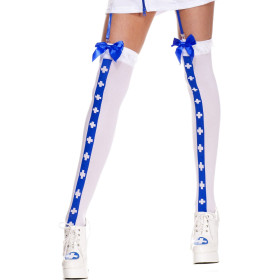 Bas sexy blanc avec bande bleu croix nfirmière et noeuds satinés 