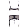 Soutien-gorge dentelle, porte-jarretelles et string ouvert noir 