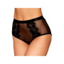 Culotte en résille et dentelle noire avec jarretelles roses 