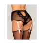 Culotte en résille et dentelle noire avec jarretelles roses 