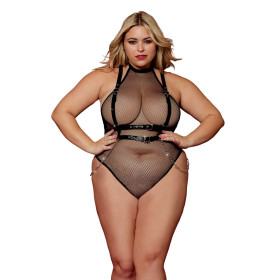 Body en résille, grande taille, avec Harnais simili cuir et chaines 