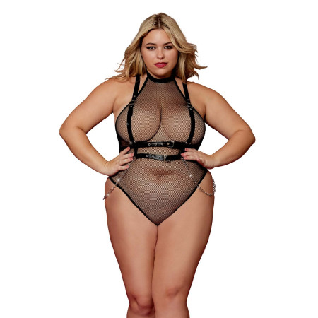 Body en résille, grande taille, avec Harnais simili cuir et chaines 