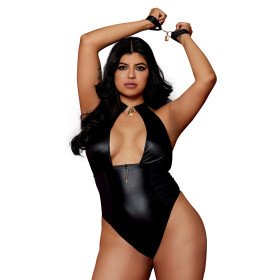 Body wetlook noir  grande taille avec menottes, cadenas bijoux et clé bijou inclus 