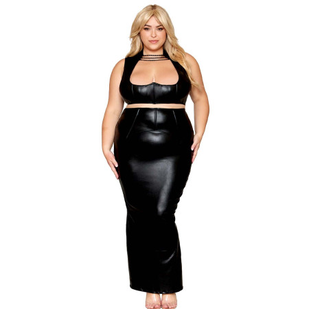 Ensemble Soutien-gorge et jupe longue, grande taille, noir en simili cuir 
