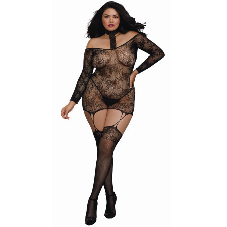 Bodystocking résille guêpière grande taille réversible avec tour de cou 