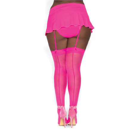 Bas nylon rose néon coutures grande taille pour jarretelles 