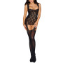 Bodystocking noir dentelle effet guêpières large décolleté et bas sexy 