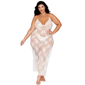 Nuisette longue blanche grande taille en dentelle florale, string assorti 
