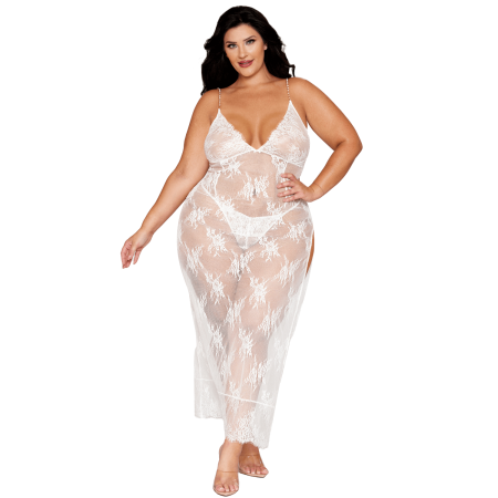 Nuisette longue blanche grande taille en dentelle florale, string assorti 