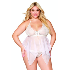 Babydoll et string grande taille en résille et dentelle blanche 