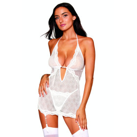 Guépière porte jarretelles blanche avec strass et string inclus 