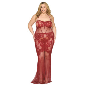 Nuisette longue grande taille en résille rouge 