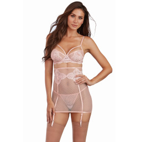 Ensemble dentelle résille rose 3 pièces 