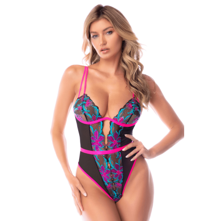 Body bleu et rose en maille transparente brodée avec sequins – Mapalé