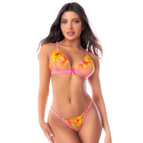 Ensemble lingerie rose et jaune en maille transparente brodée – Mapalé