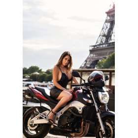 Robe cocktail noire simili cuir et dentelle Sophia 