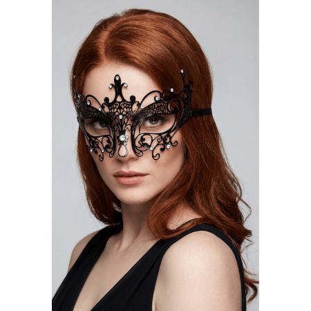 Masque vénitien Lucia rigide noir  avec strass  - HMJ-030BK