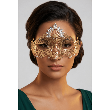 Masque vénitien Gemma rigide doré avec strass - HMJ-055B