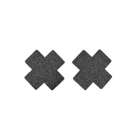 Paire de cache tétons adhésifs croix pailletée noir 