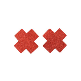 Paire de cache tétons adhésifs croix pailletée rouge 