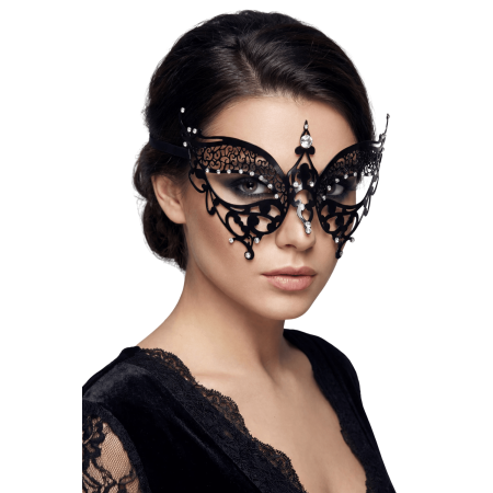 Masque vénitien Alida rigide noir avec strass  -  HMJ-026BK