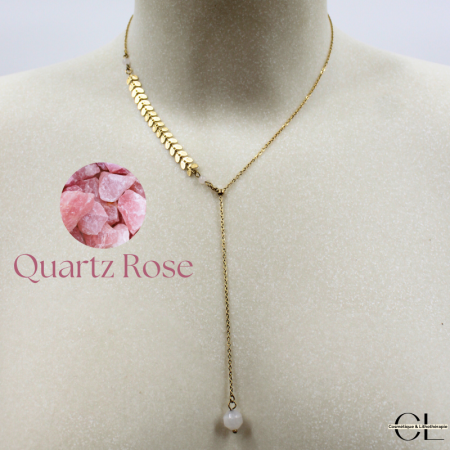 Collier chaine plume doré en forme Y  en acier inoxydable avec pierre Quartz Rose A 8mm