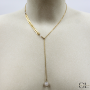 Collier chaine plume doré en forme Y  en acier inoxydable avec pierre Quartz Rose A 8mm