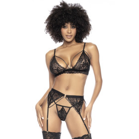 Ensemble 3 pièces en fine dentelle florale noire 