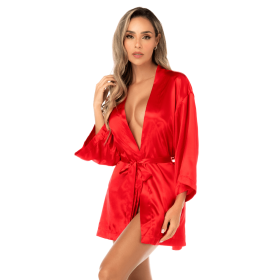 Peignoir court satiné rouge avec ceinture à nouer - Mapalé
