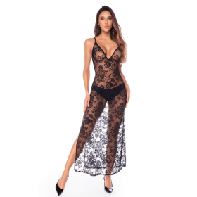 Nuisette transparente noire en dentelle avec décolleté plongeant et fentes latérales - Mapalé