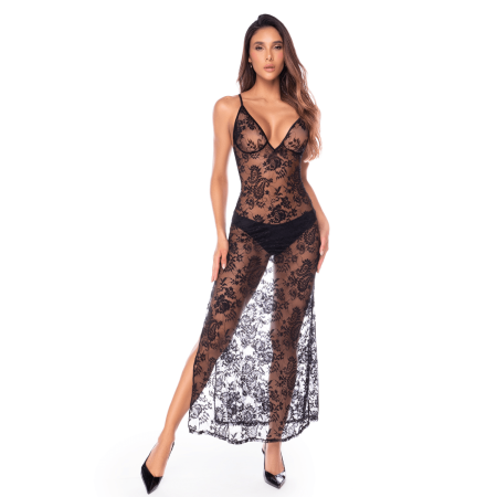 Nuisette transparente noire en dentelle avec décolleté plongeant et fentes latérales - Mapalé