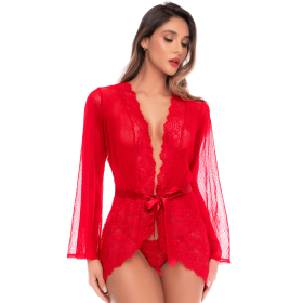 Peignoir transparent rouge en résille plumetis et dentelle avec string - Mapalé