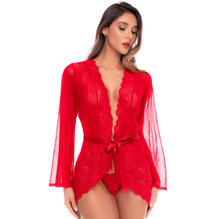 Peignoir transparent rouge en résille plumetis et dentelle avec string - Mapalé