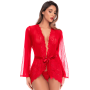 Peignoir transparent rouge en résille plumetis et dentelle avec string - Mapalé