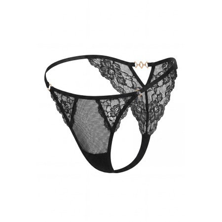 Tanga noir en dentelle avec bijou losanges dorés - PM01GBLK