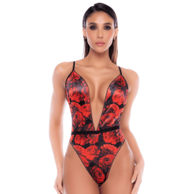 Body noir et rouge en résille transparente avec imprimé et décolleté plongeant - Mapalé