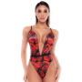 Body noir et rouge en résille transparente avec imprimé et décolleté plongeant - Mapalé