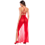 Robe longue transparente rouge en dentelle et résille avec string - Mapalé